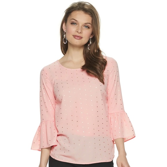 ELLE Pink Dotted Bell Sleeve Blouse M - Picture 1 of 6